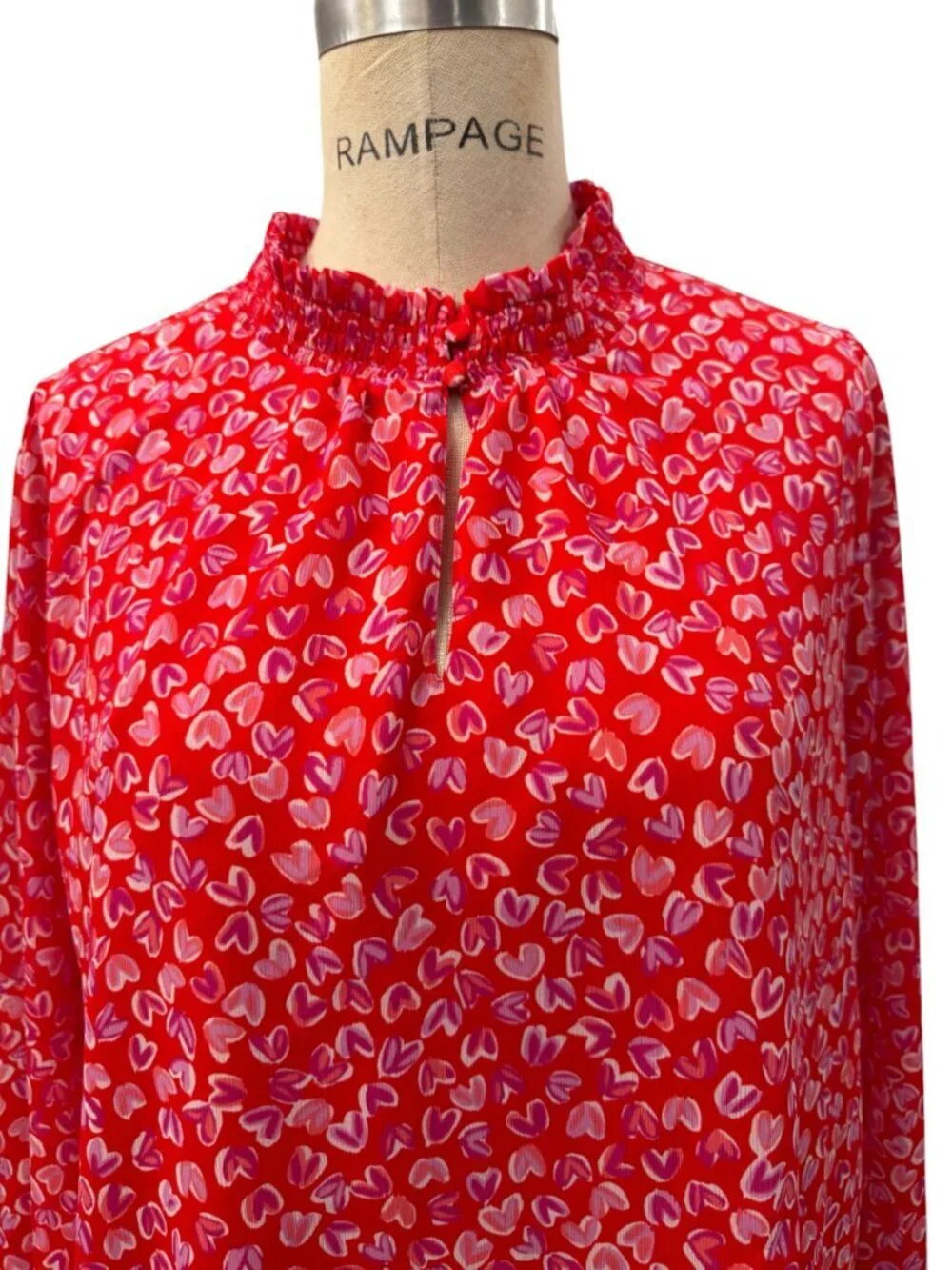 J.Crew Smocked Keyhole Top Bright Cerise Soft Azal XL Hearts Blouse
